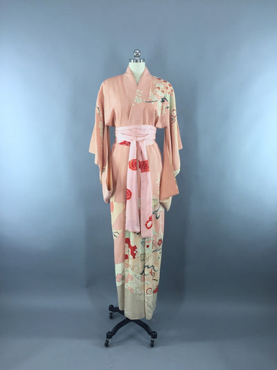 Vintage 1930s Silk Kimono Robe / Peach Pink Floral Art Deco - ThisBlueBird