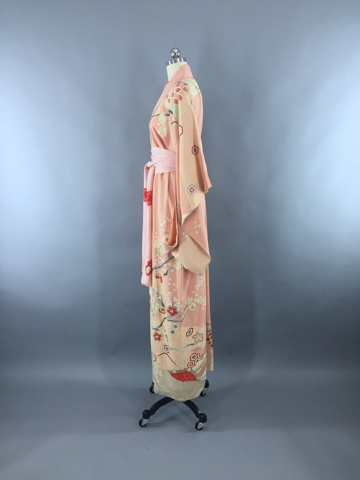 Vintage 1930s Silk Kimono Robe / Peach Pink Floral Art Deco - ThisBlueBird