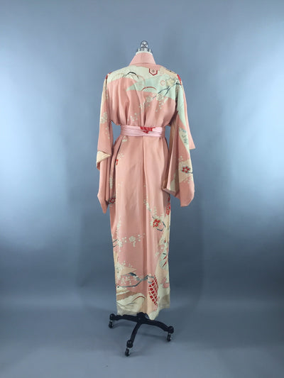 Vintage 1930s Silk Kimono Robe / Peach Pink Floral Art Deco - ThisBlueBird