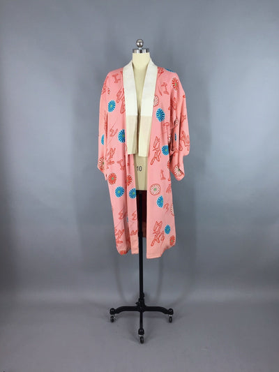 Vintage 1930s Silk Kimono Robe / Pink Aqua Floral Print Juban - ThisBlueBird