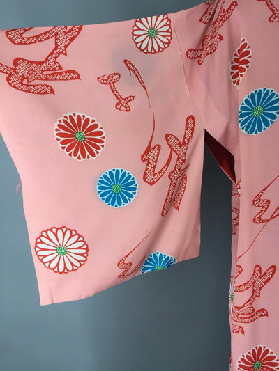 Vintage 1930s Silk Kimono Robe / Pink Aqua Floral Print Juban - ThisBlueBird