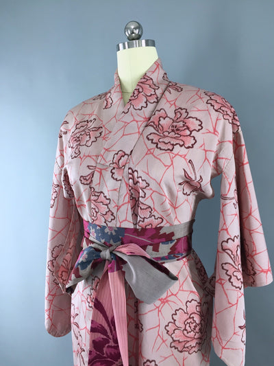 Vintage 1930s Silk Kimono Robe / Pink Floral Meisen Silk - ThisBlueBird