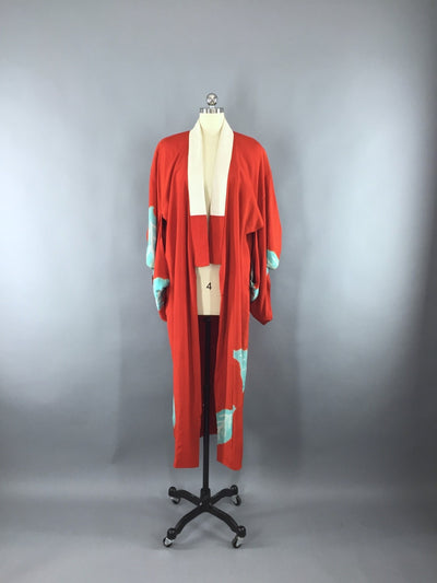 Vintage 1930s Silk Kimono Robe / Red Aqua Shibori Leaves - ThisBlueBird