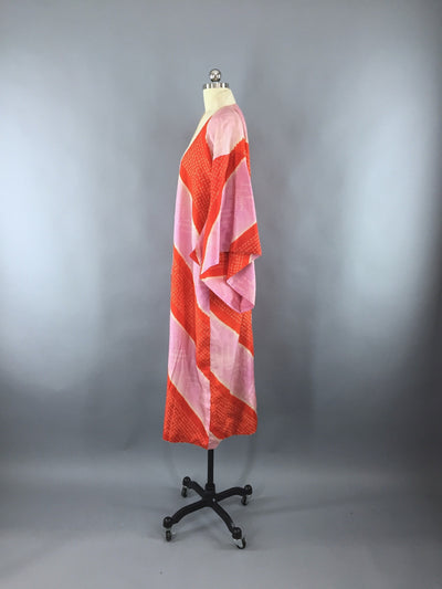Vintage 1930s Silk Kimono Robe / Red Orchid Shibori Stripes - ThisBlueBird
