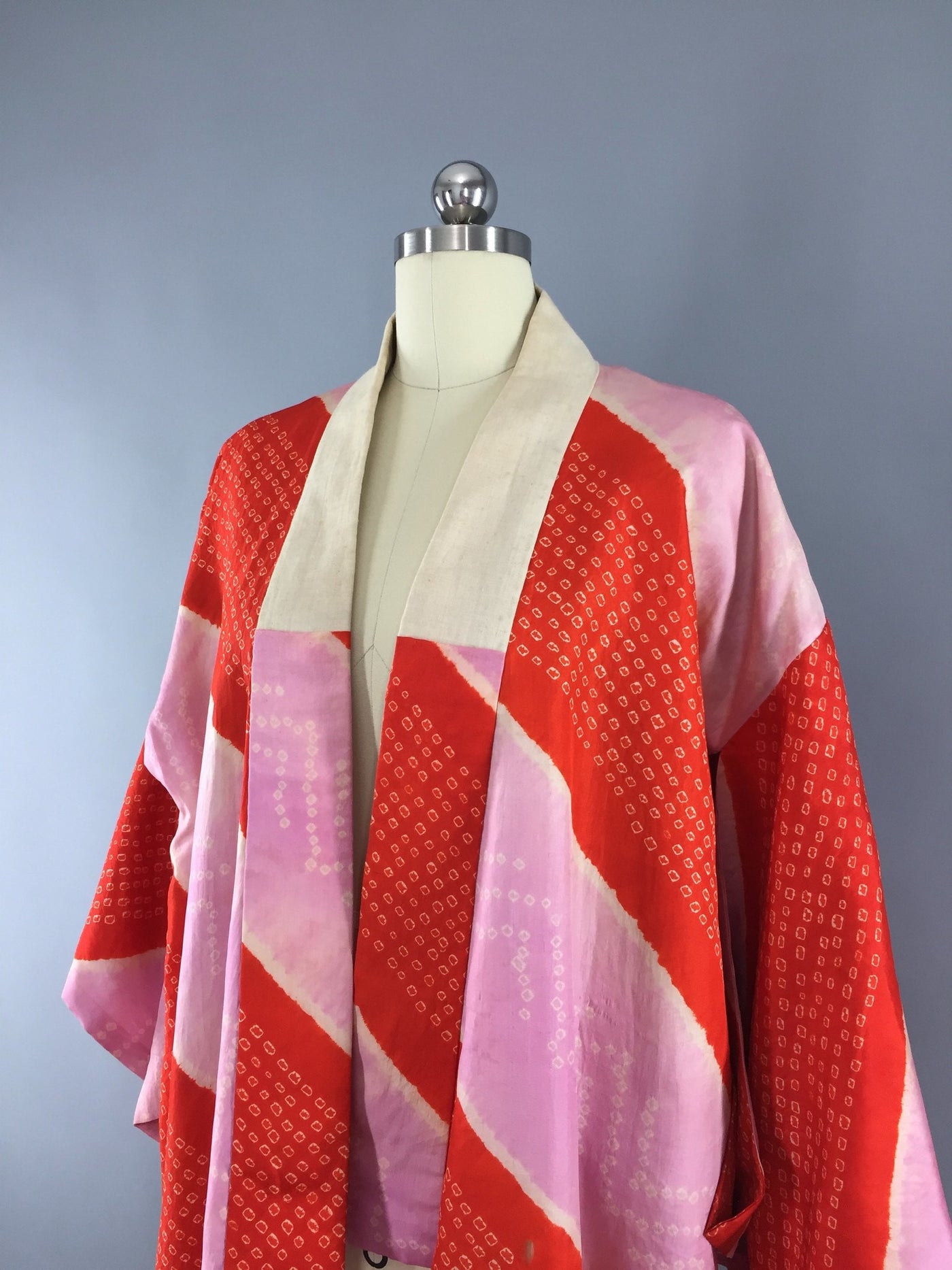 Vintage 1930s Silk Kimono Robe / Red Orchid Shibori Stripes - ThisBlueBird