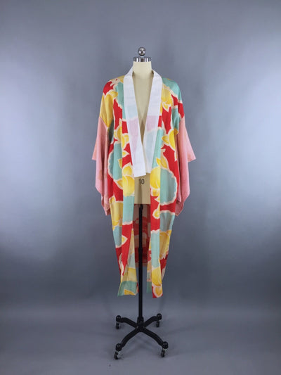 Vintage 1930s Silk Kimono Robe / Red Pink Aqua Floral Print - ThisBlueBird