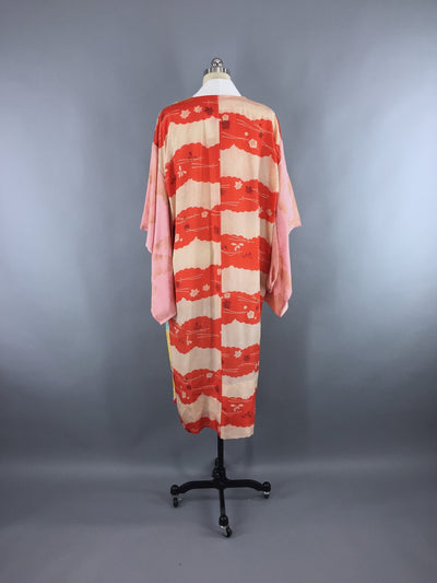 Vintage 1930s Silk Kimono Robe / Red Pink Aqua Floral Print - ThisBlueBird