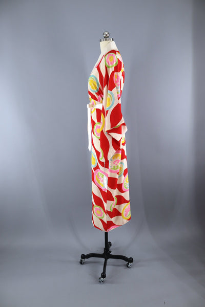 Vintage 1930s Silk Kimono Robe / Red Pink Floral Waves - ThisBlueBird