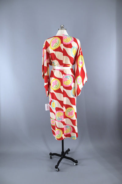 Vintage 1930s Silk Kimono Robe / Red Pink Floral Waves - ThisBlueBird