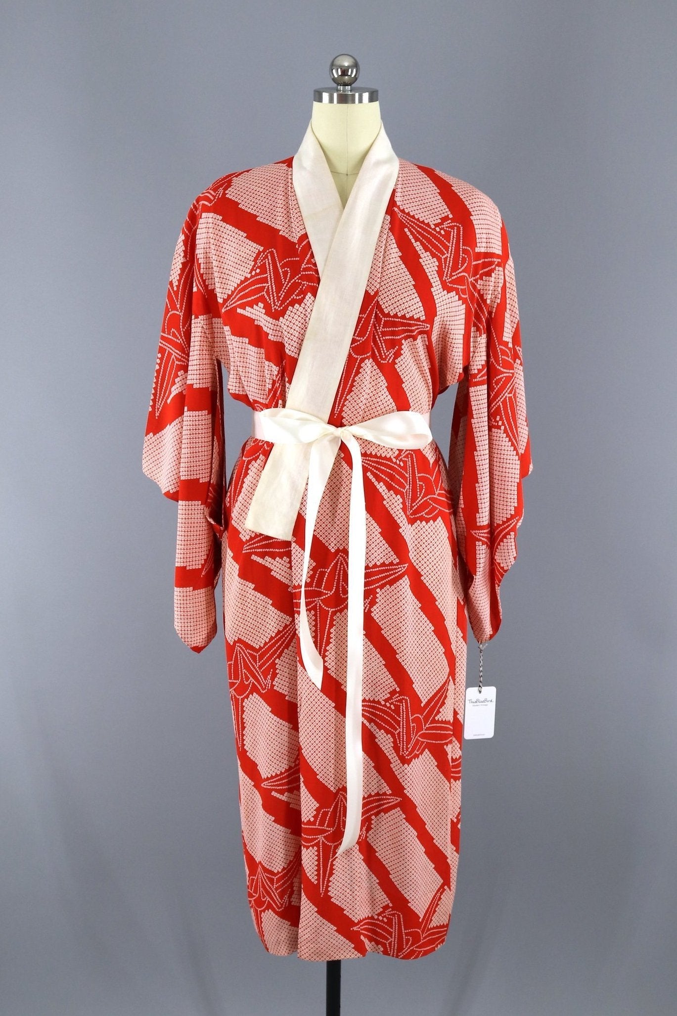Vintage 1930s Silk Kimono Robe / Red & White Shibori Print Origami Cranes - ThisBlueBird
