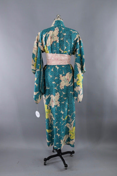 Vintage 1930s Silk Kimono Robe / Turquoise and Yellow Day Lily Floral Print - ThisBlueBird