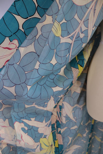 Vintage 1930s Silk Kimono Robe / Turquoise and Yellow Day Lily Floral Print - ThisBlueBird