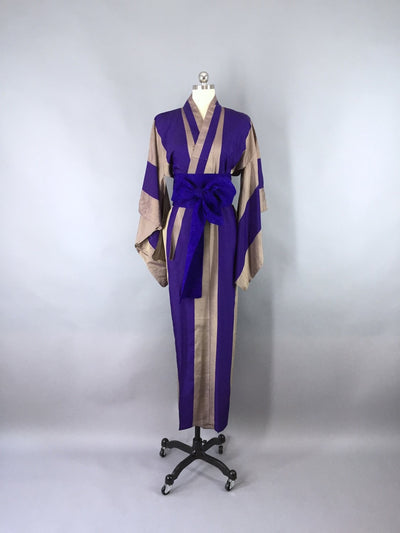 Vintage 1930s Silk Kimono Robe with Blue & Tan Stripes - ThisBlueBird
