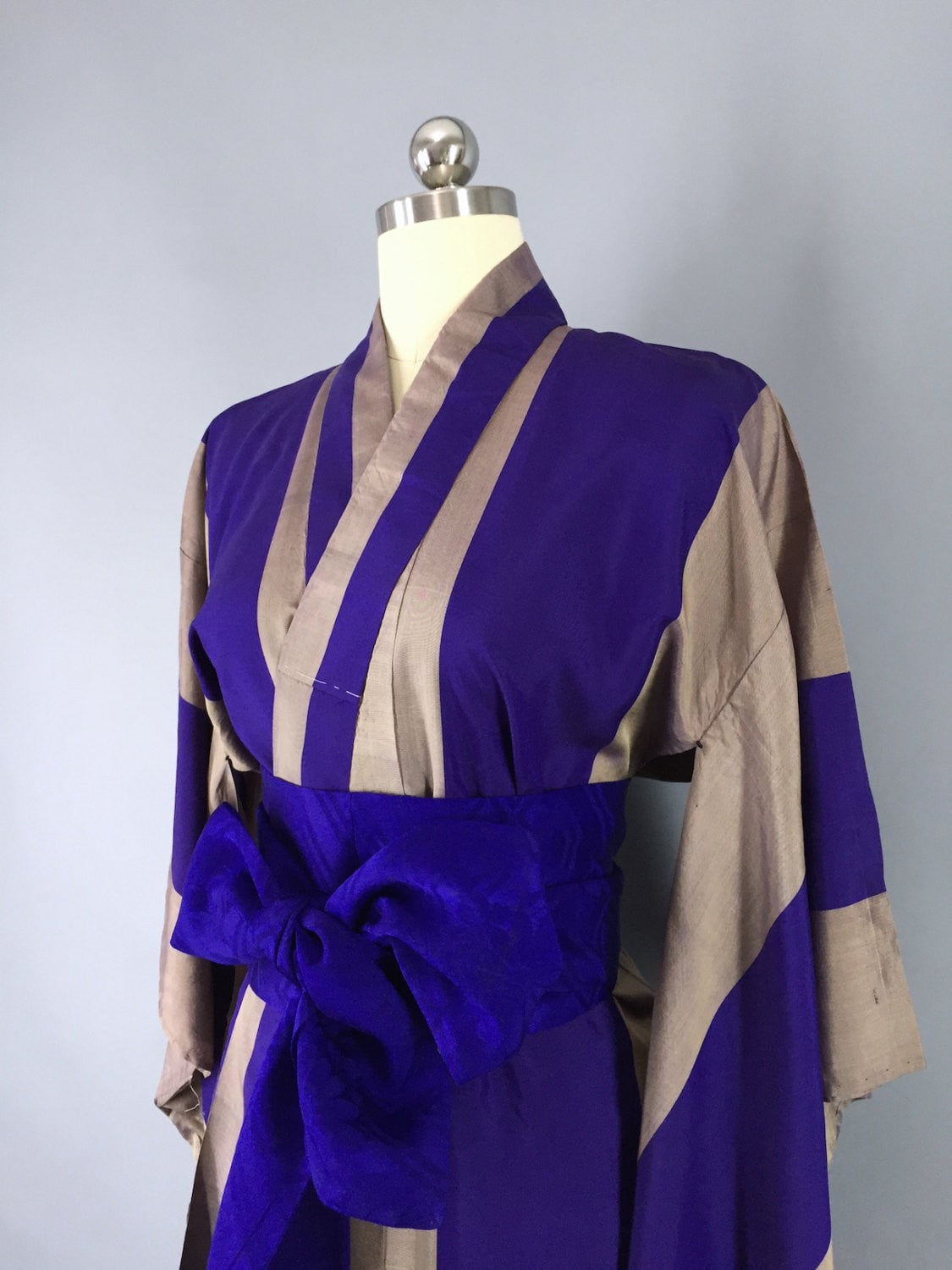 Vintage 1930s Silk Kimono Robe with Blue & Tan Stripes - ThisBlueBird