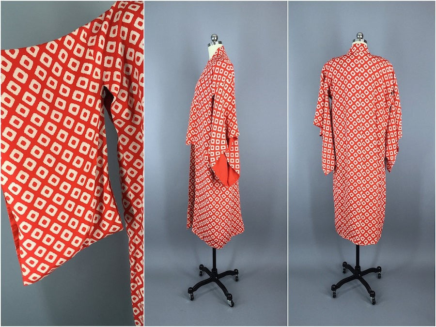 Vintage 1930s Silk Kimono Robe with Diamond Print - ThisBlueBird