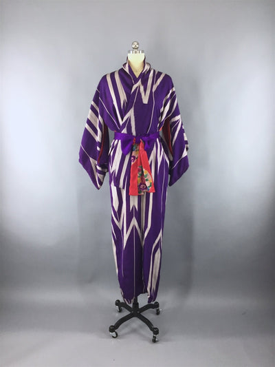 Vintage 1930s Silk Kimono Robe with Ikat Purple Arrows - ThisBlueBird