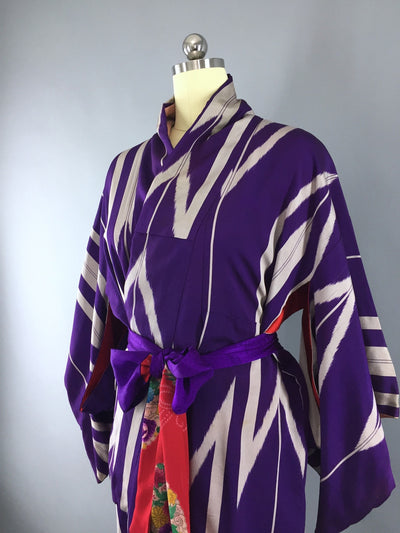 Vintage 1930s Silk Kimono Robe with Ikat Purple Arrows - ThisBlueBird