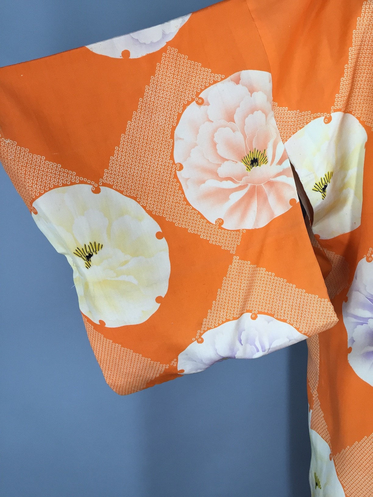 Vintage 1930s Silk Kimono Robe Juban with Orange Peony Floral Print - ThisBlueBird