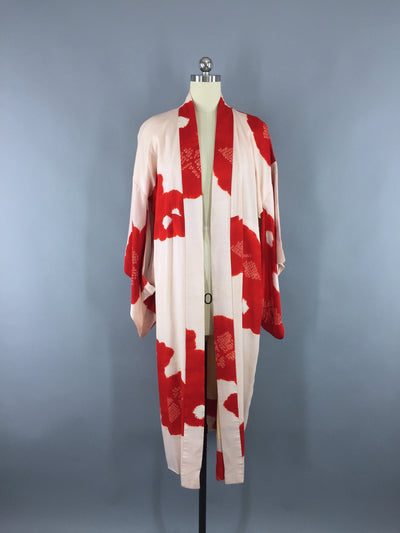 Vintage 1930s Silk Kimono Robe with Pale Pink and Red Shibori Juban - ThisBlueBird