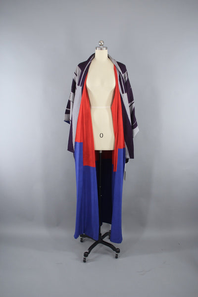 Vintage 1930s Silk Kimono Robe with Purple and Grey Meisen Chevron - ThisBlueBird