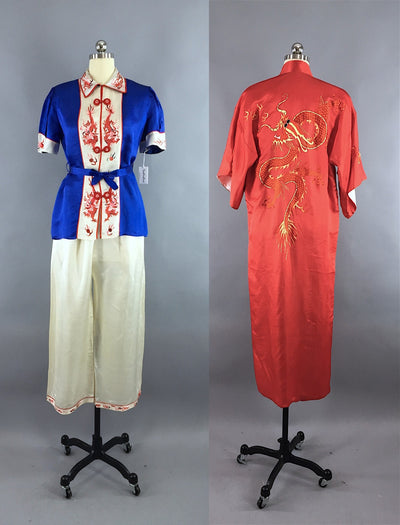 Vintage 1930s Silk Pajamas & Robe Set / Red White and Blue Dragons - ThisBlueBird