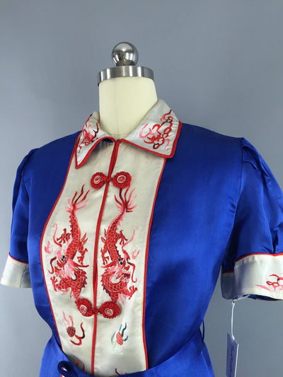 Vintage 1930s Silk Pajamas & Robe Set / Red White and Blue Dragons - ThisBlueBird