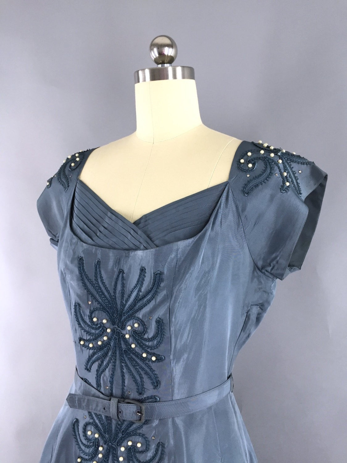 Vintage 1940s-1950s Dress / Steel Grey Rhinestones - ThisBlueBird