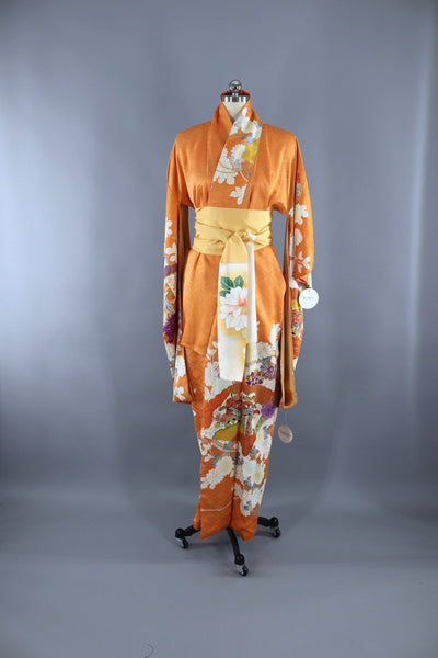 Vintage 1940s - 1950s Silk Kimono Robe Furisode / Orange Floral Print - ThisBlueBird