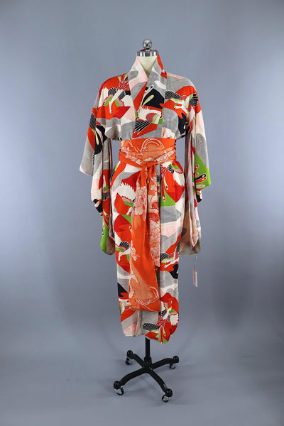 Vintage 1940s 1950s Silk Kimono Robe / Red Orange Peacocks Print - ThisBlueBird
