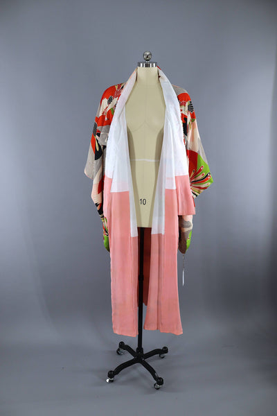 Vintage 1940s 1950s Silk Kimono Robe / Red Orange Peacocks Print - ThisBlueBird