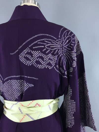 Vintage 1940s-50s Silk Kimono Robe / Purple Butterfly Shibori - ThisBlueBird