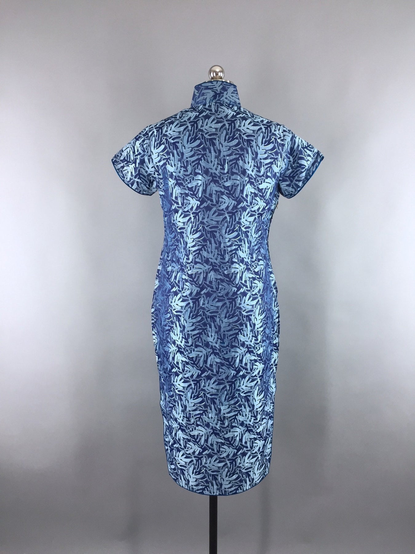 Vintage 1940s Blue and Silver Satin Damask Qi Pao Cheongsam Dress ...