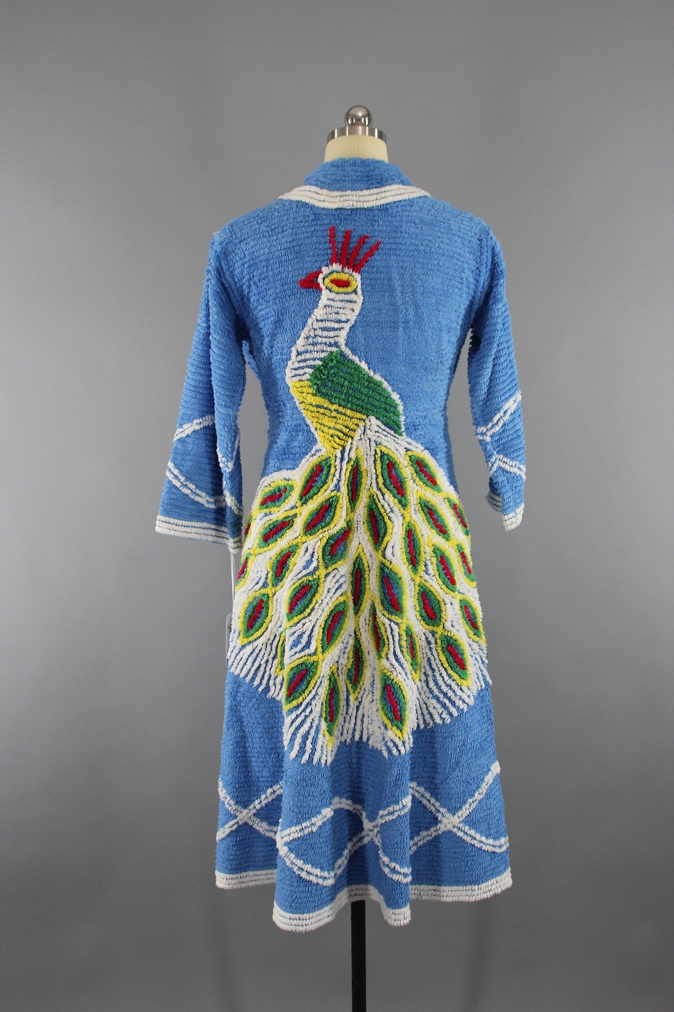 Vintage 1940s Chenille Robe with Blue Peacock - ThisBlueBird