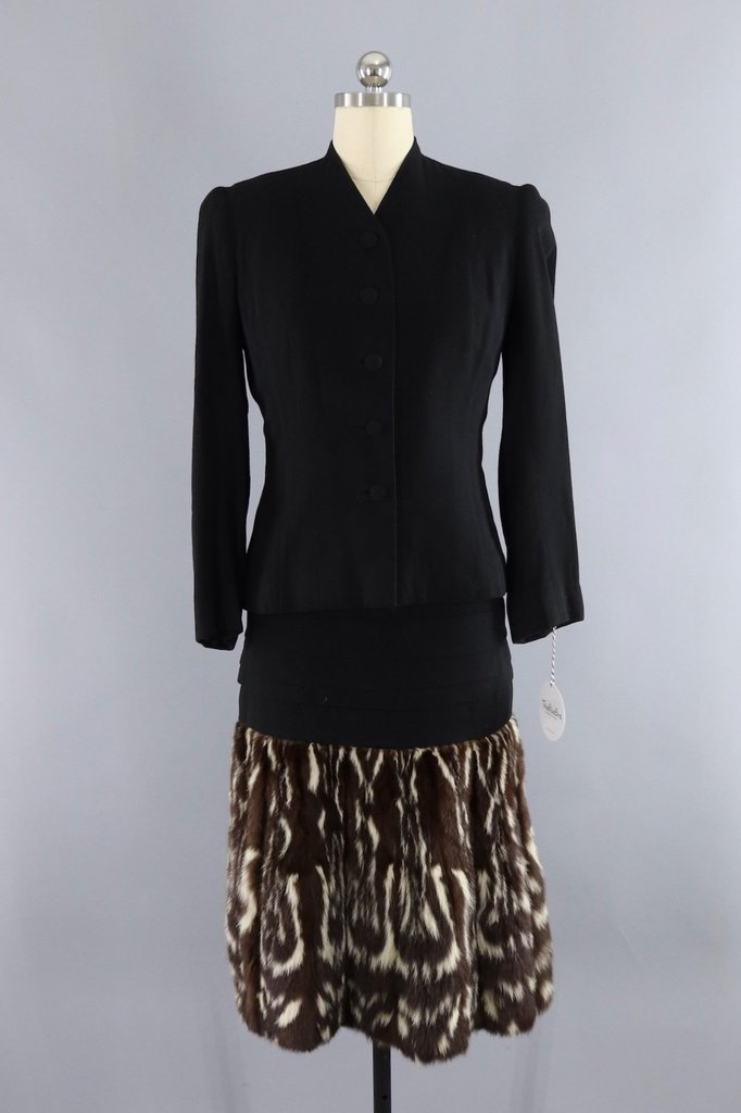 Vintage 1940s Hattie Carnegie Black Dress with Fur Trim and Jacket - ThisBlueBird