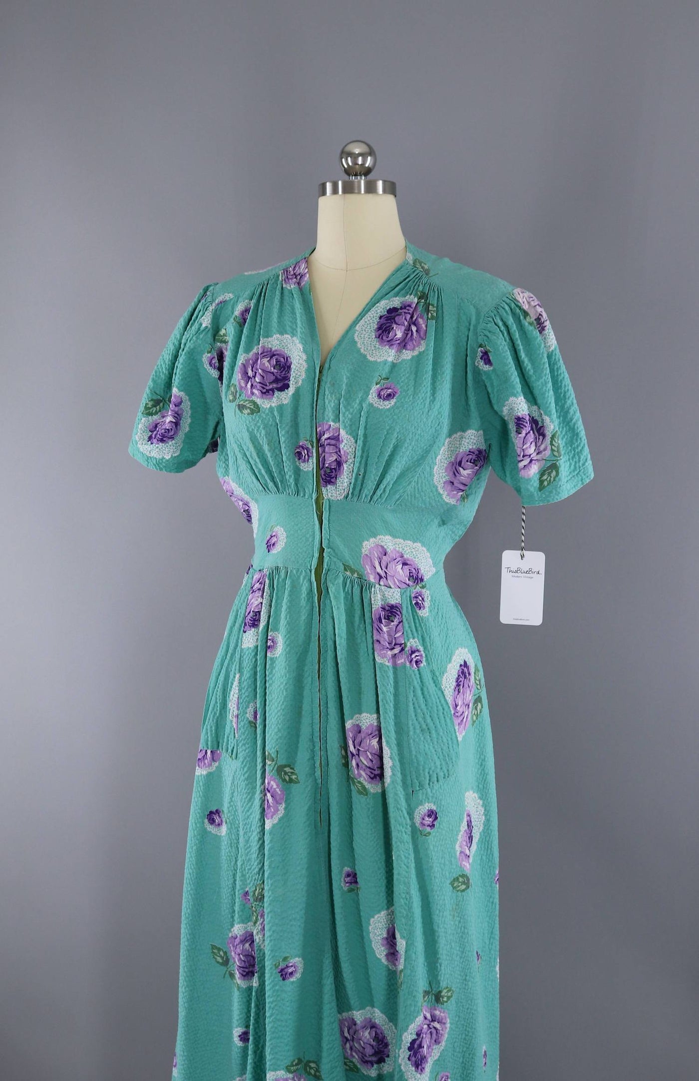 Vintage 1940s Hostess Dress / Aqua Blue Green Floral Print Seersucker Cotton - ThisBlueBird