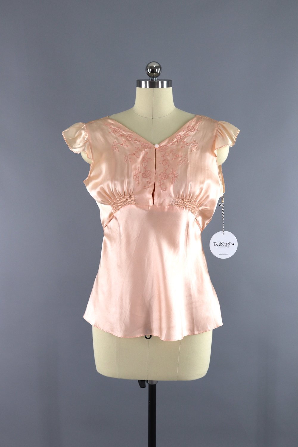Vintage 1940s Pajama Top / Embroidered Peach Satin - ThisBlueBird