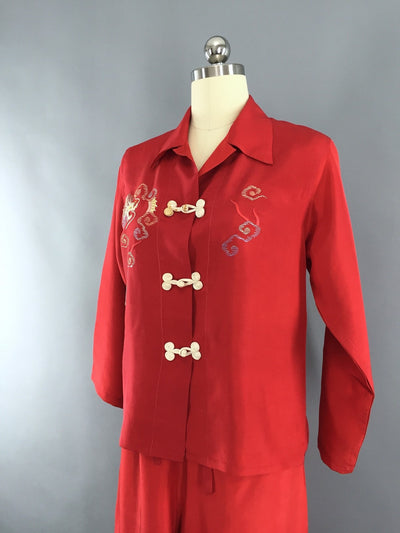 Vintage 1940s Pajamas Set with Red Embroidered Dragon - ThisBlueBird