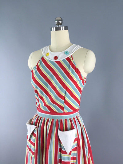 Vintage 1940s Red Striped Cotton Halter Dress - ThisBlueBird