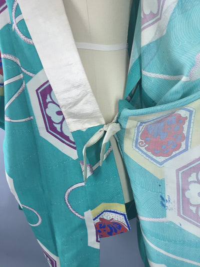Vintage 1940s Silk Haori Kimono Cardigan / Aqua Blue Art Deco - ThisBlueBird