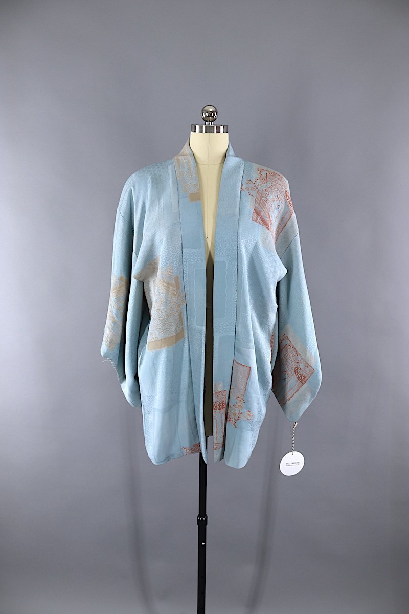 Vintage 1940s Silk Haori Kimono Cardigan Jacket / Light Blue & Copper Urushi Embroidery - ThisBlueBird