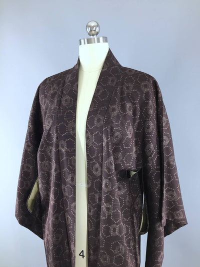 Vintage 1940s Silk Haori Kimono Jacket Cardigan / Dark Brown & Tan Ikat - ThisBlueBird