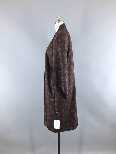 Vintage 1940s Silk Haori Kimono Jacket Cardigan / Dark Brown & Tan Ikat - ThisBlueBird