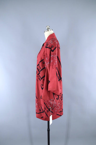 Vintage 1940s Silk Haori Kimono Jacket / Red & Black Floral Raw Silk - ThisBlueBird