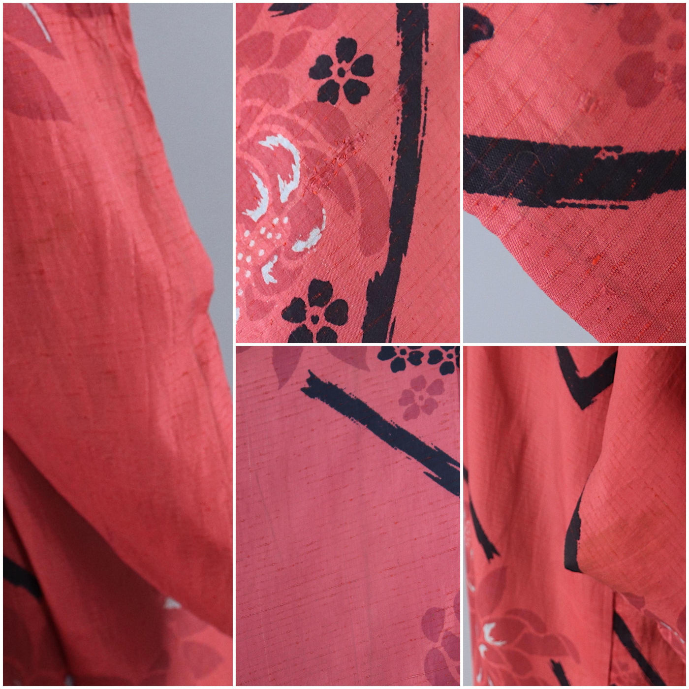 Vintage 1940s Silk Haori Kimono Jacket / Red & Black Floral Raw Silk - ThisBlueBird
