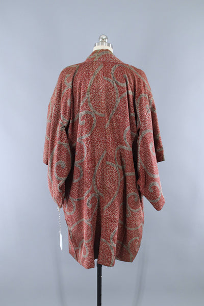 Vintage 1940s Silk Haori Kimono Jacket / Red & Khaki Tan Print - ThisBlueBird