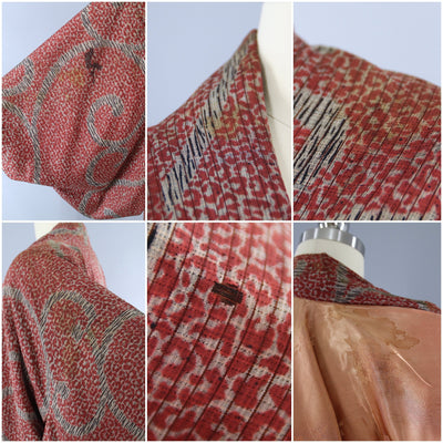 Vintage 1940s Silk Haori Kimono Jacket / Red & Khaki Tan Print - ThisBlueBird