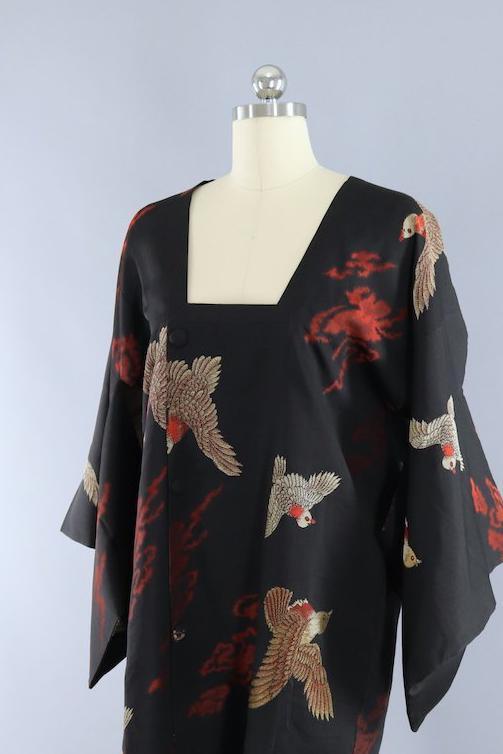 Vintage 1940s Silk Kimono Coat Cardiagn / Flying Gold Birds - ThisBlueBird