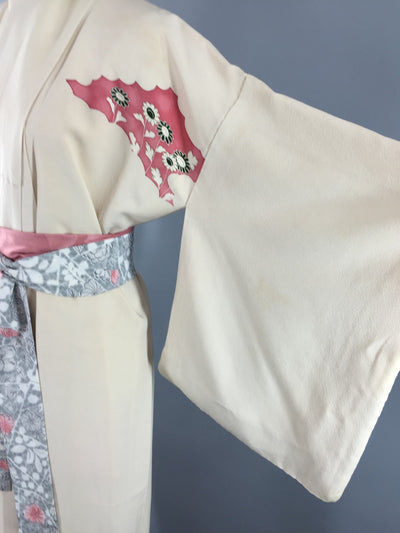 Vintage 1940s Silk Kimono Robe / Art Deco Ivory and Pink Floral - ThisBlueBird