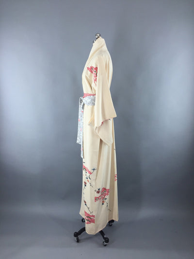 Vintage 1940s Silk Kimono Robe / Art Deco Ivory and Pink Floral - ThisBlueBird