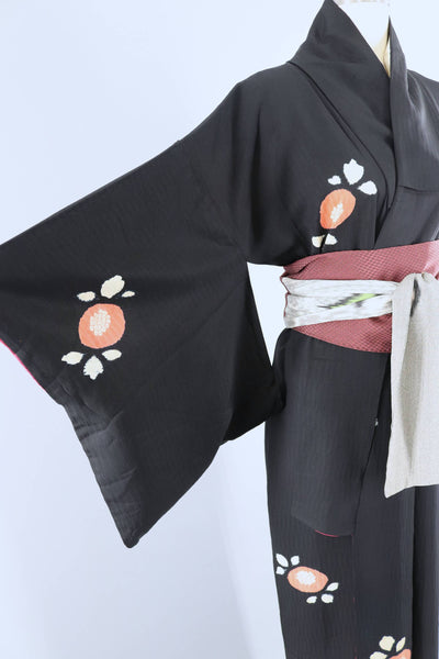 Vintage 1940s Silk Kimono Robe / Black & Coral Shibori Floral - ThisBlueBird